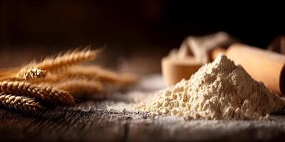 Pile of Wheat Flour Wooden Table Wheat Ears Rolling Pin Baking photo