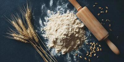 Wheat Flour Pile Rolling Pin Wheat Stalks Baking Ingredients photo