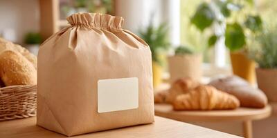 Brown Paper Bag with Blank Label Bakery Breads Croissants photo
