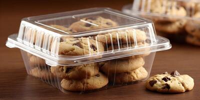 Chocolate Chip Cookies in Clear Plastic Container on Wooden Table photo