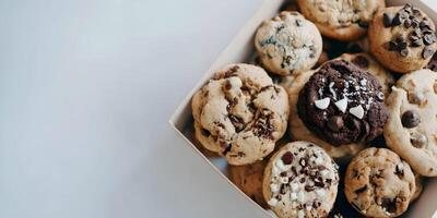 Gourmet Chocolate Chip Cookies Box Assorted Flavors Delicious Sweet Treats Bakery photo