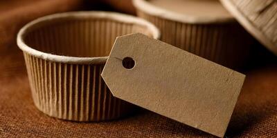 Brown Cardboard Cups with Blank Kraft Paper Tag Mockup photo