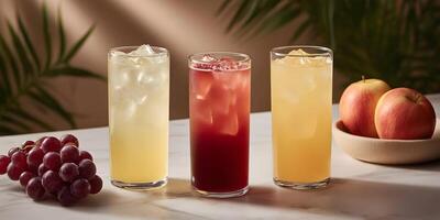 Three Glasses Refreshing Iced Fruit Drinks Apples Grapes Summer Beverage photo