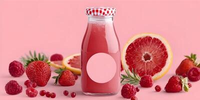 Pink Grapefruit Raspberry Strawberry Smoothie Bottle Mockup photo