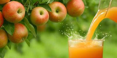 Fresh Apple Juice Pouring from Pitcher into Glass with Splashing Effect near Apple Tree photo