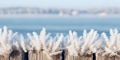 Frozen Wooden Fence Post with Frost Crystals Winter Scene Cold Weather Nature Background photo