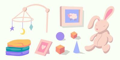 Cartoon Color Different Newborn Belongings Object Set. vector