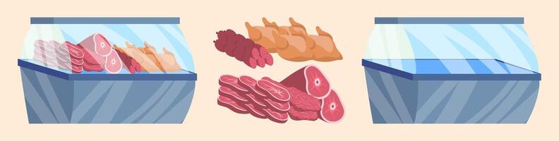 Variety of meats in a display case vector