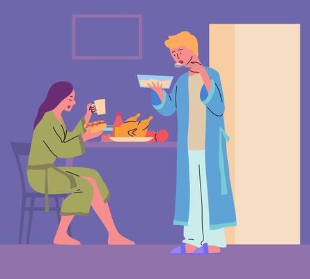 Cartoon Color Characters People at Table and Night Snack Concept
