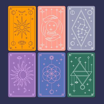 Cartoon Different Colored Magical Tarot Deck Cards Set.