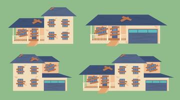 Cartoon Color Different Dilapidated House Set. vector