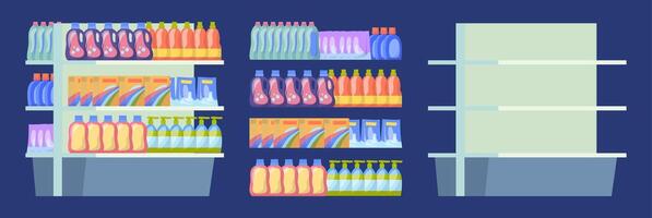 Cartoon Color Empty and Full Supermarket Shelving with Cleaning Products Set vector