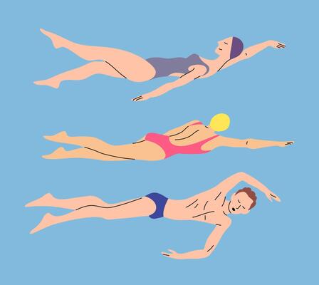 Cartoon Color Characters People Professional Swimmers in Action Set.