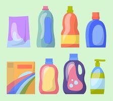 Cartoon Color Different Clean Product Plastic Bottles Set. vector