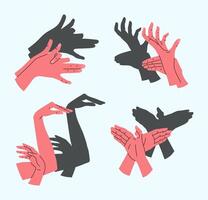 Cartoon Color Different Hand Shadow Puppets Deer, Eagle and Swan Set. vector