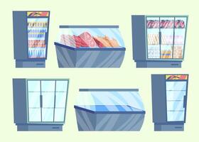 Cartoon Color Empty and Full Supermarket Refrigerator with Products Set. vector
