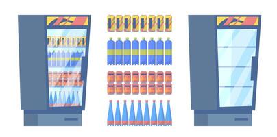 Cartoon Color Empty and Full Supermarket Refrigerator with Bottles Set. vector