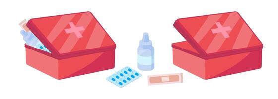 Cartoon Color First Aid Box, Medicine Bottle with Pills and Patch Set. vector
