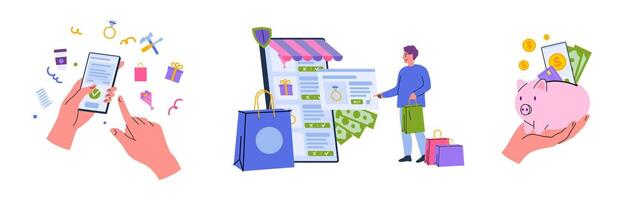 Cartoon Color Character Man and Finance Payments Set Concept. vector