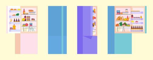 Cartoon Color Different Fridge Open and Closed Full Of Food Set. vector