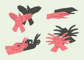 Cartoon Color Different Hand Shadow Puppets Spider, Snail and Bird Set. vector