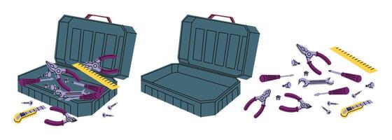 Cartoon Color Empty and Full Open Construction Toolkit Boxes Set vector
