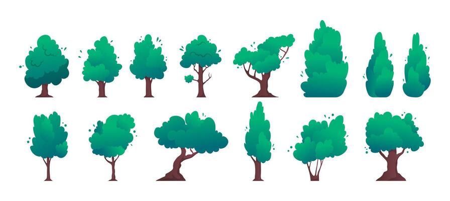 Cartoon Color Different Types of Green Trees Set.