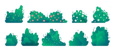Cartoon Color Different Types of Green Bushes Set. vector
