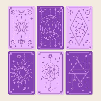 Cartoon Violet Magical Tarot Deck Cards Set.
