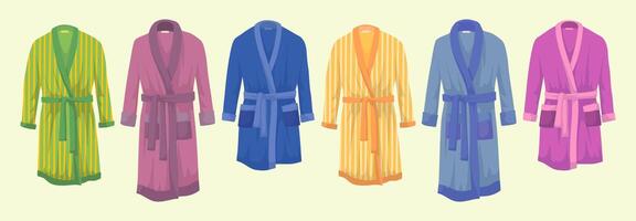 Cartoon Color Different Male Bathrobe Set Concept Flat Design Style. Illustration of Personal Comfortable Garment vector