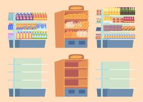Cartoon Color Empty and Full Supermarket Shelving with Products Set. vector