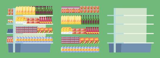 Cartoon Color Empty and Full Supermarket Shelving with Preserves Set vector