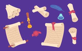 Scrolls and writing tools on purple background vector