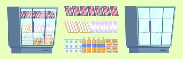 Cartoon Color Empty and Full Supermarket Refrigerator with Meals Set vector