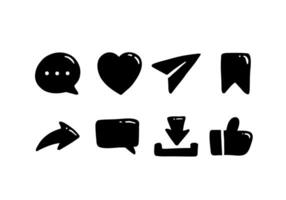 Hand drawn social media glyph icon set include Thumbs up, repost, share, like, comment, love, download, bookmark or save, and direct message. Icon set on isolated white background vector
