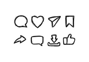 Set of social media icon in scribble doodle style include Thumbs up, repost, share, like, comment, love, download, bookmark or save, and direct message. Icon on isolated white background vector