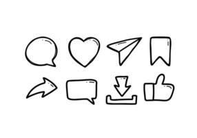 Doodle line Social media icon set include Thumbs up, repost, share, like, comment, love, download, bookmark or save, and direct message. Icon set on isolated white background vector