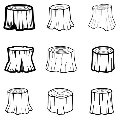 Nine Black and White Tree Stump Illustrations Showing Wood Grain and Different Styles