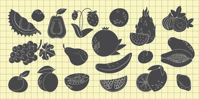 Set collection Fruits and Berries silhouettes monochrome isolated illustration on checkered background vector
