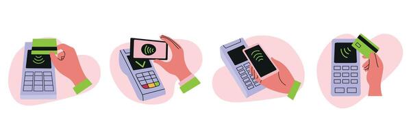 Hand holding contactless payment device vector