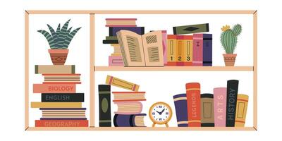 Books on a shelf with a clock vector