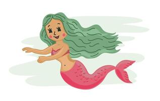 Mermaid with green hair hand drown clipart illustration. Underwater fairy character. vector