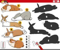 finding shadows puzzle with cartoon bunnies animal characters vector