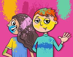 happy cartoon teen girl and boy on party with color powders vector