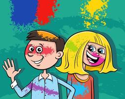 cartoon girl and boy having fun on party with color powders vector