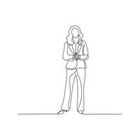 Female executive in continuous line drawing style. Portrait of a business woman in black linear sketch isolated on white background. vector