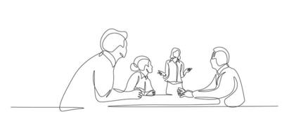 Continuous Line Drawing of Team of Men and Women in Business Meeting Discussing Ideas and Strategy. Minimalist illustration of business people in black linear sketch isolated on white background vector
