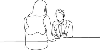 Job interview, modern simple one continuous line design composition with recruiter and candidate. Minimalist illustration of women and men sitting and talking. vector