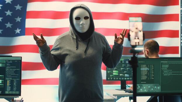 Person in anonymous mask working on intelligence in a governmental hacking room, recording himself and asking for ransom with the USA flag on big screen. Cyber defense information security. Camera A. photo