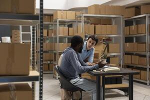 Small business depot captures product handling and delivery service operations within a warehouse full of inventory, diverse workers managing orders and shipping logistics. Distribution. photo